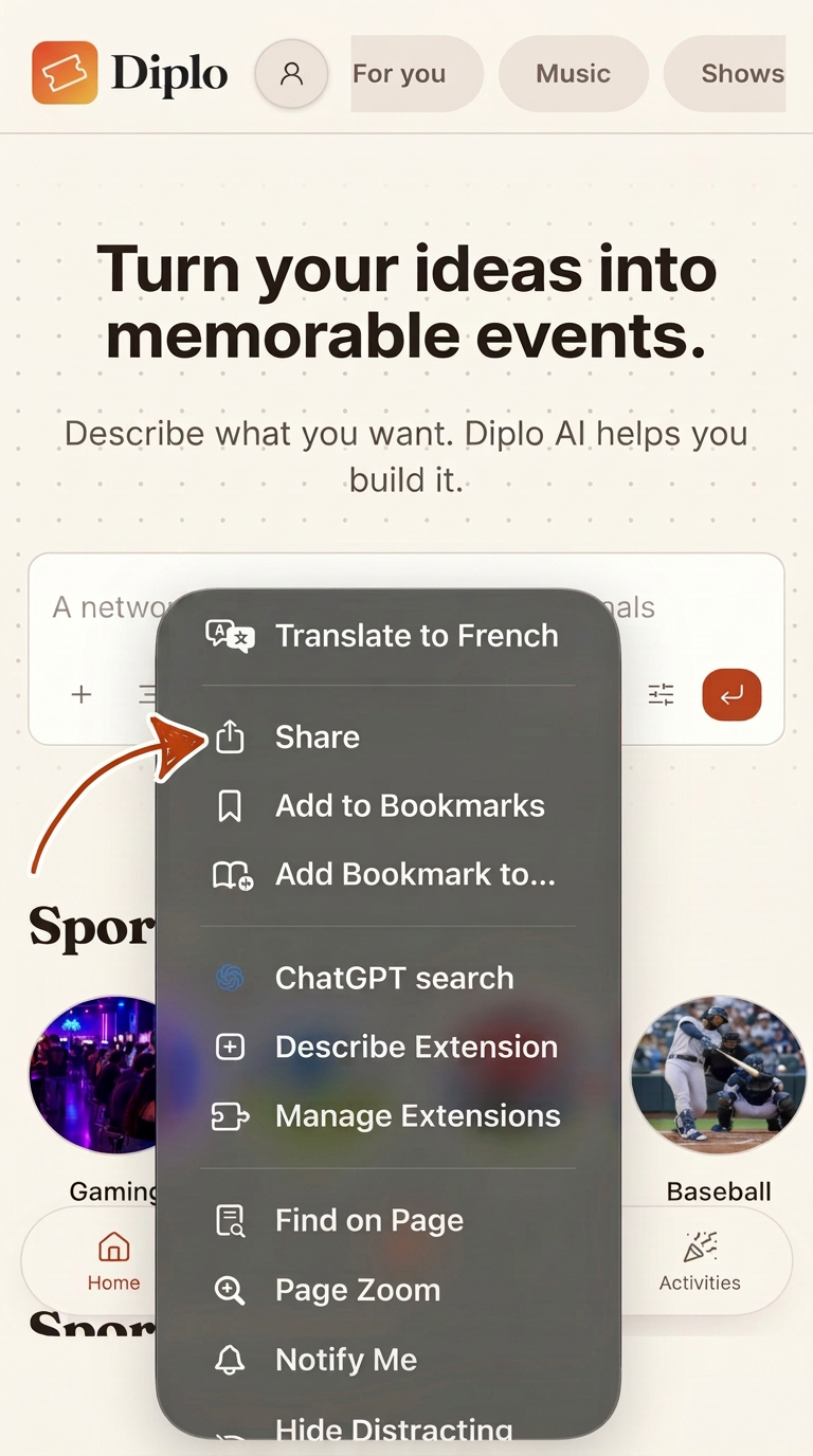 Menu de Safari avec Partager